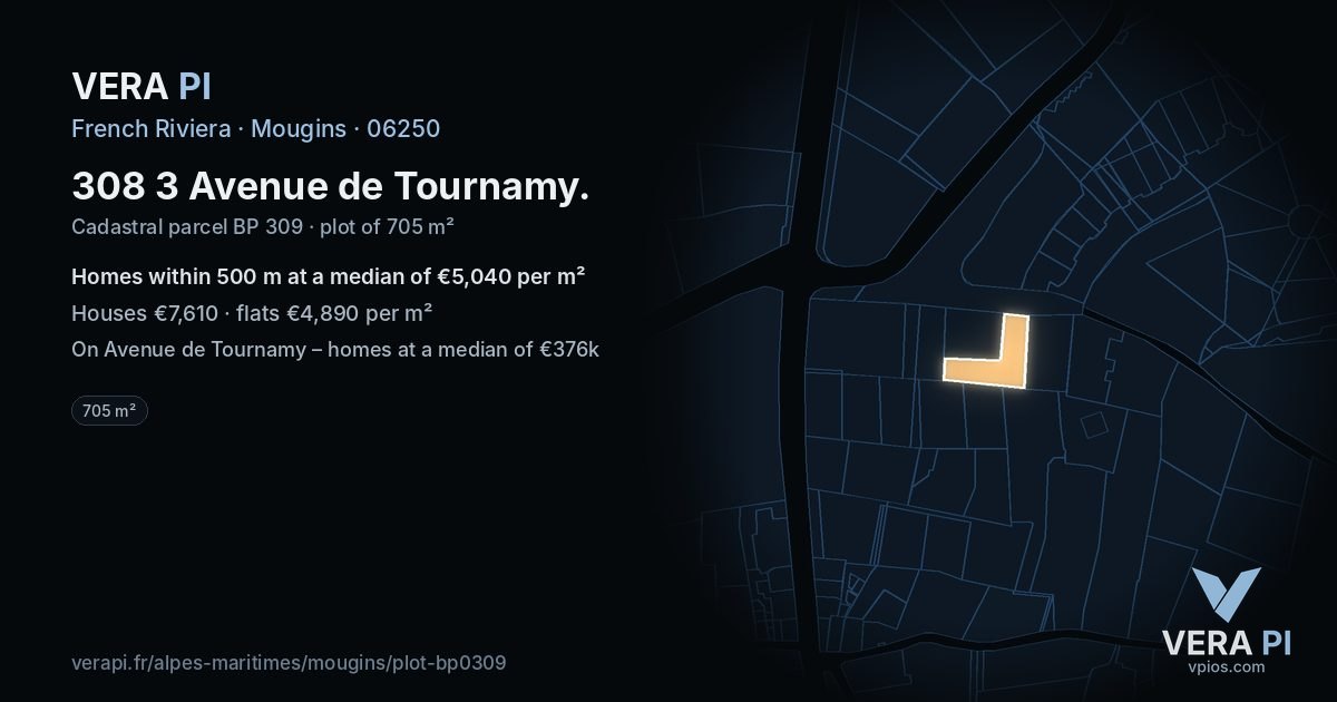 308 3 Avenue de Tournamy, Mougins at night – the plot lit, the parcels around coloured by the prices near them