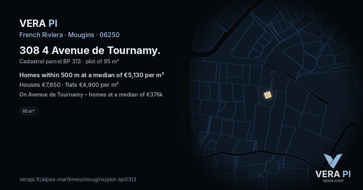 308 4 Avenue de Tournamy, Mougins at night – the plot lit, the parcels around coloured by the prices near them