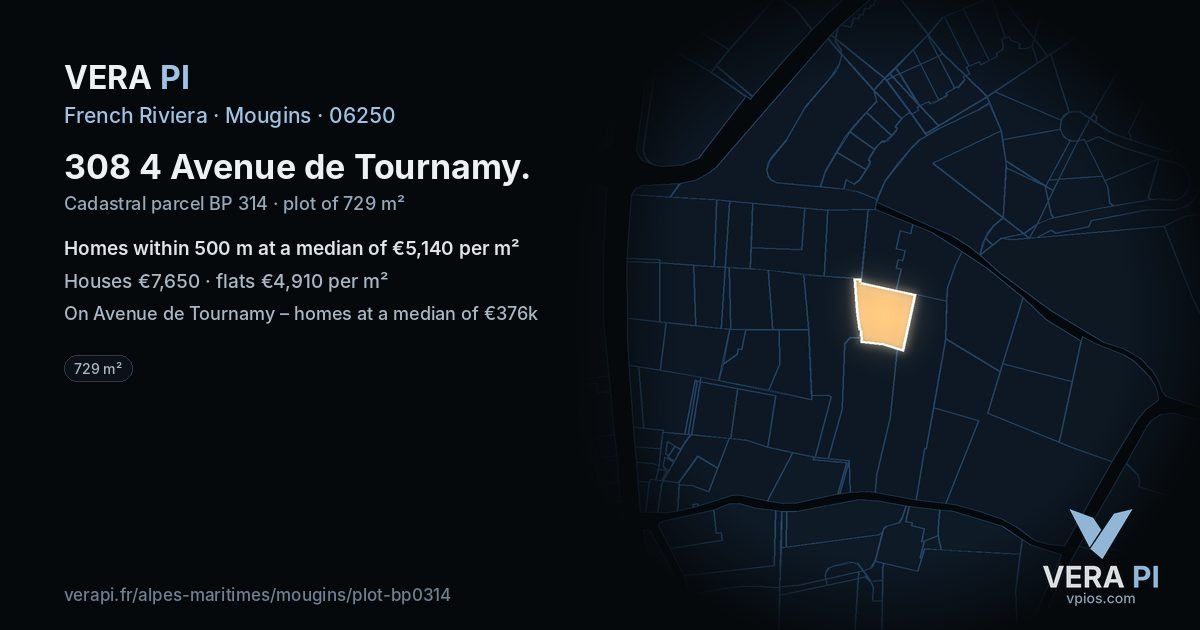 308 4 Avenue de Tournamy, Mougins at night – the plot lit, the parcels around coloured by the prices near them