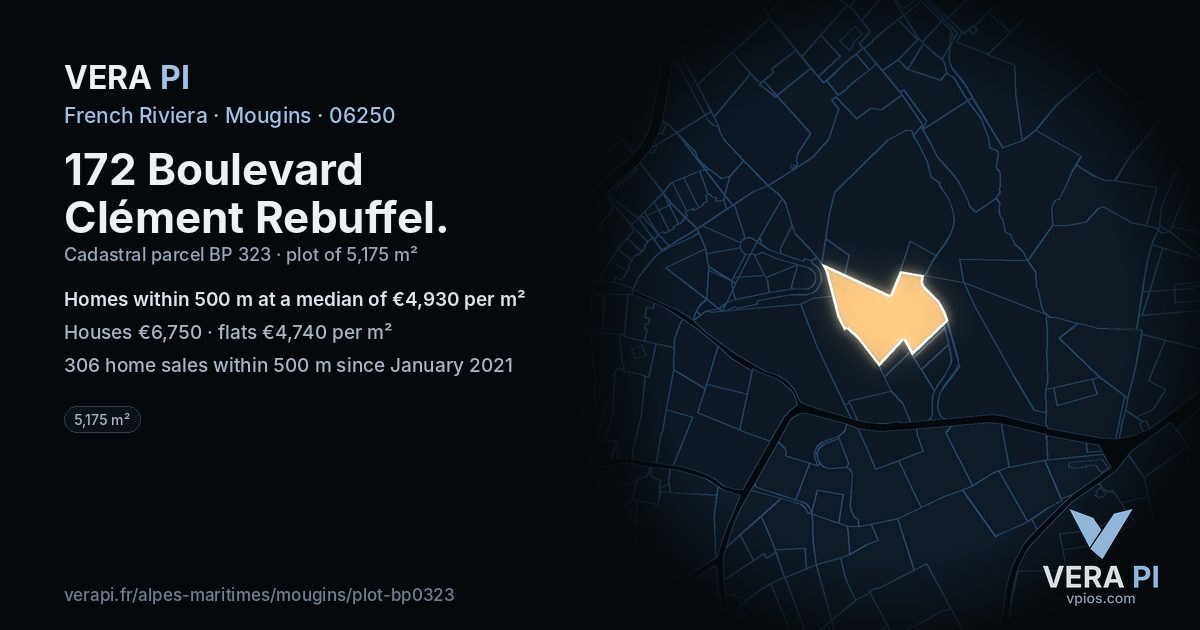 172 Boulevard Clément Rebuffel, Mougins at night – the plot lit, the parcels around coloured by the prices near them