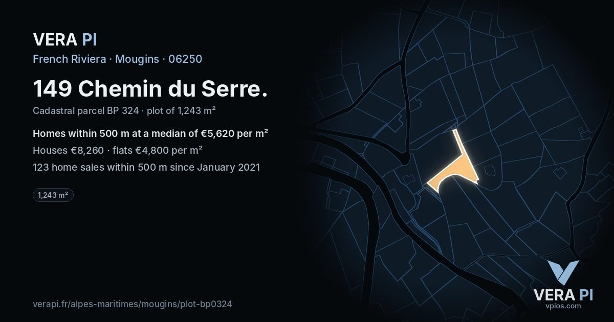 149 Chemin du Serre, Mougins at night – the plot lit, the parcels around coloured by the prices near them