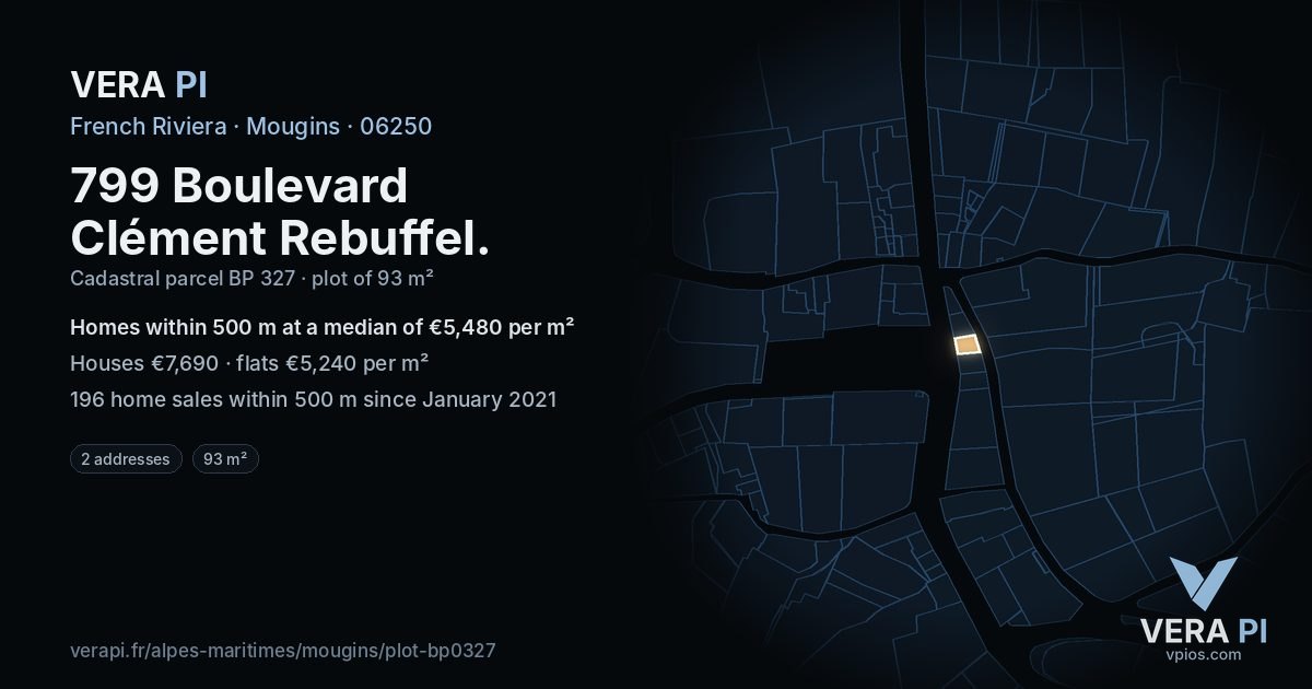 799 Boulevard Clément Rebuffel, Mougins at night – the plot lit, the parcels around coloured by the prices near them