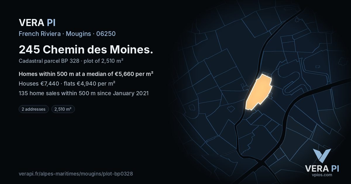 245 Chemin des Moines, Mougins at night – the plot lit, the parcels around coloured by the prices near them