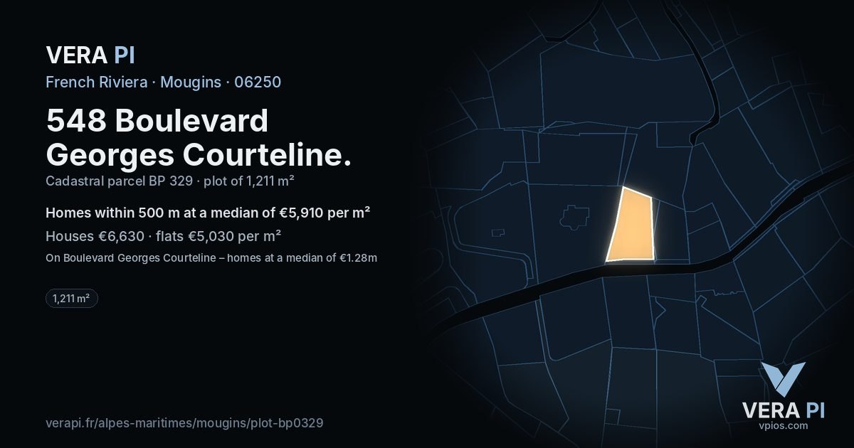 548 Boulevard Georges Courteline, Mougins at night – the plot lit, the parcels around coloured by the prices near them