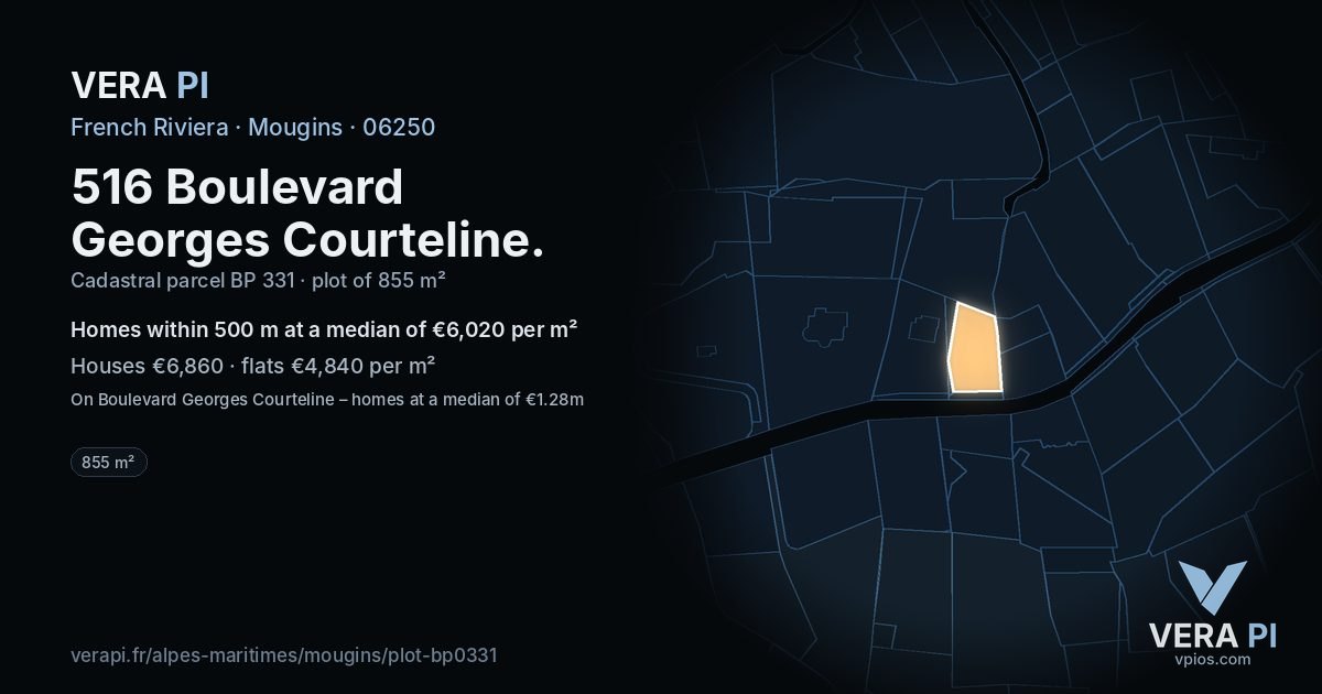 516 Boulevard Georges Courteline, Mougins at night – the plot lit, the parcels around coloured by the prices near them