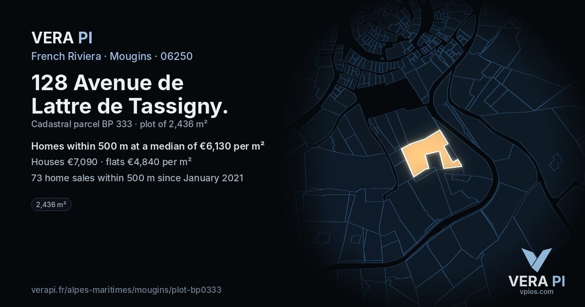 128 Avenue de Lattre de Tassigny, Mougins at night – the plot lit, the parcels around coloured by the prices near them