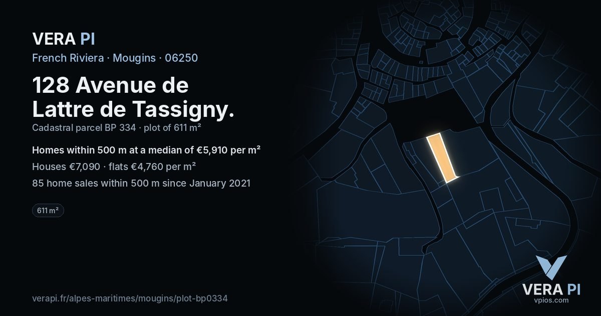 128 Avenue de Lattre de Tassigny, Mougins at night – the plot lit, the parcels around coloured by the prices near them