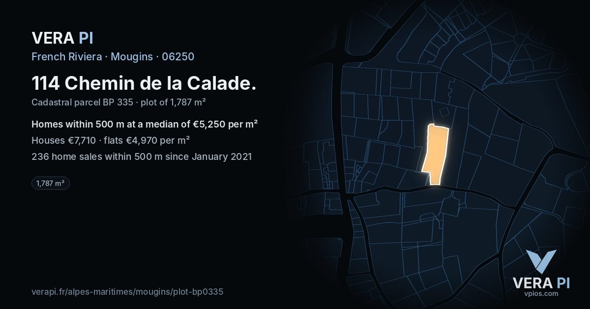 114 Chemin de la Calade, Mougins at night – the plot lit, the parcels around coloured by the prices near them