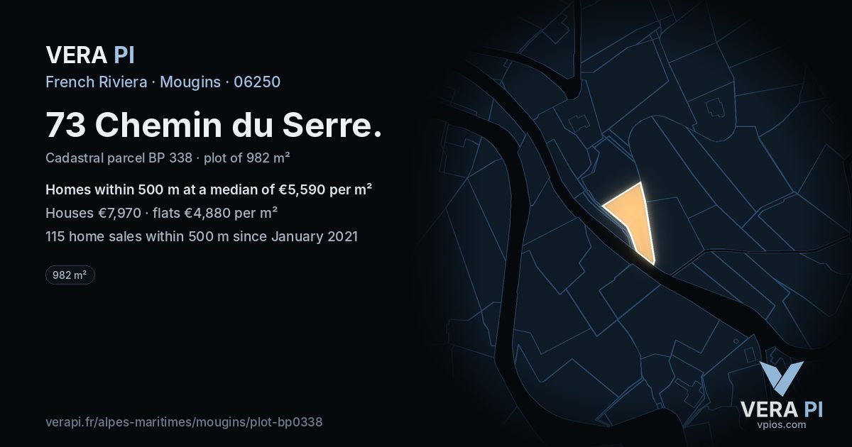 73 Chemin du Serre, Mougins at night – the plot lit, the parcels around coloured by the prices near them