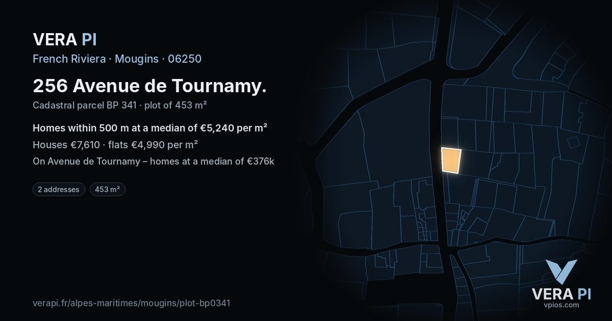 256 Avenue de Tournamy, Mougins at night – the plot lit, the parcels around coloured by the prices near them