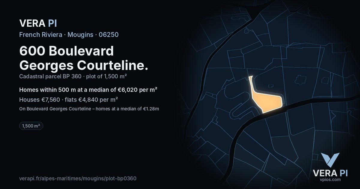 600 Boulevard Georges Courteline, Mougins at night – the plot lit, the parcels around coloured by the prices near them