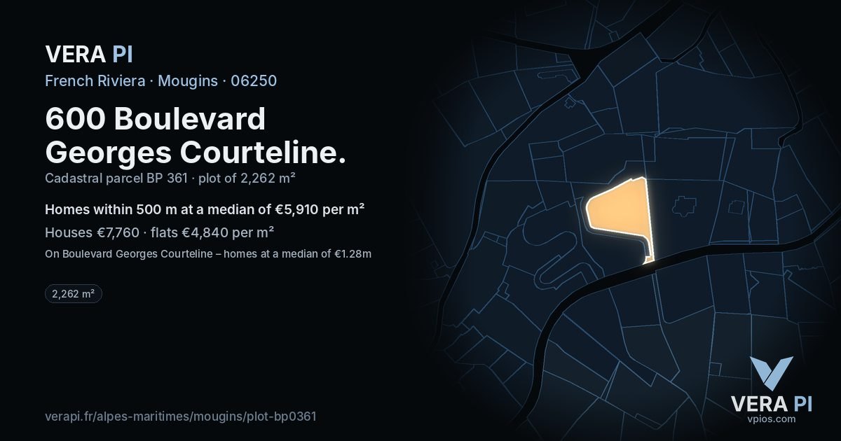 600 Boulevard Georges Courteline, Mougins at night – the plot lit, the parcels around coloured by the prices near them
