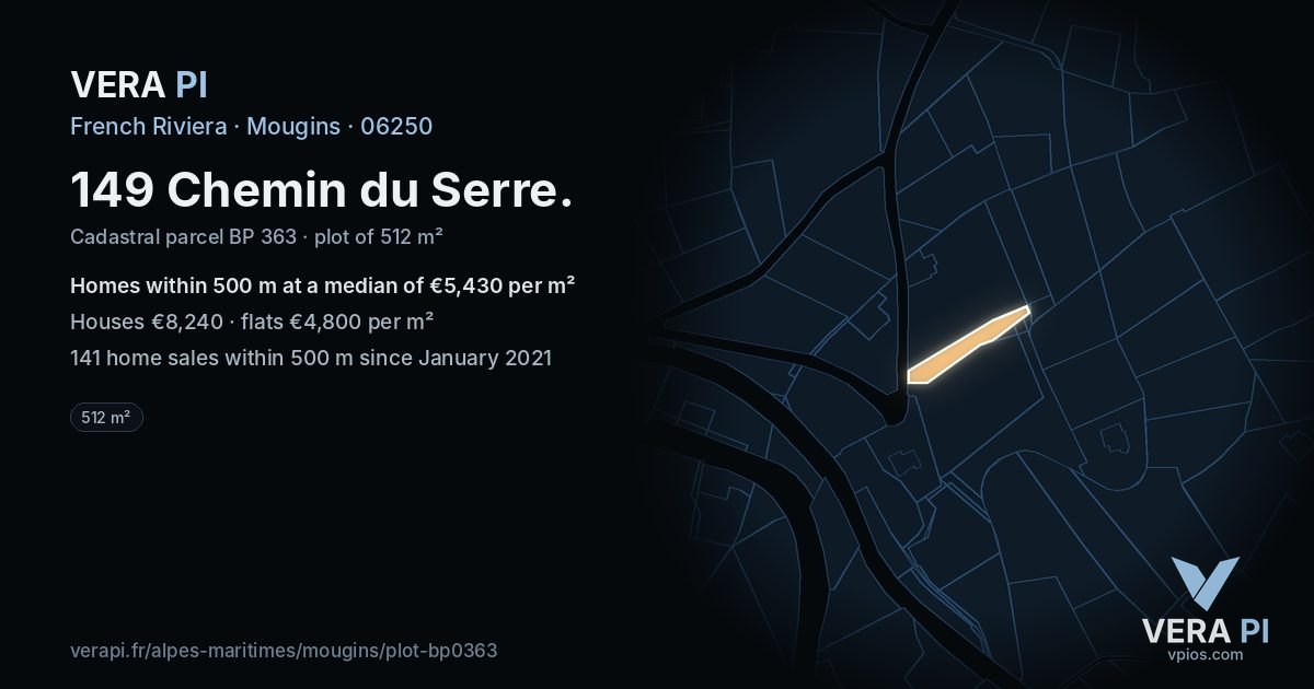 149 Chemin du Serre, Mougins at night – the plot lit, the parcels around coloured by the prices near them