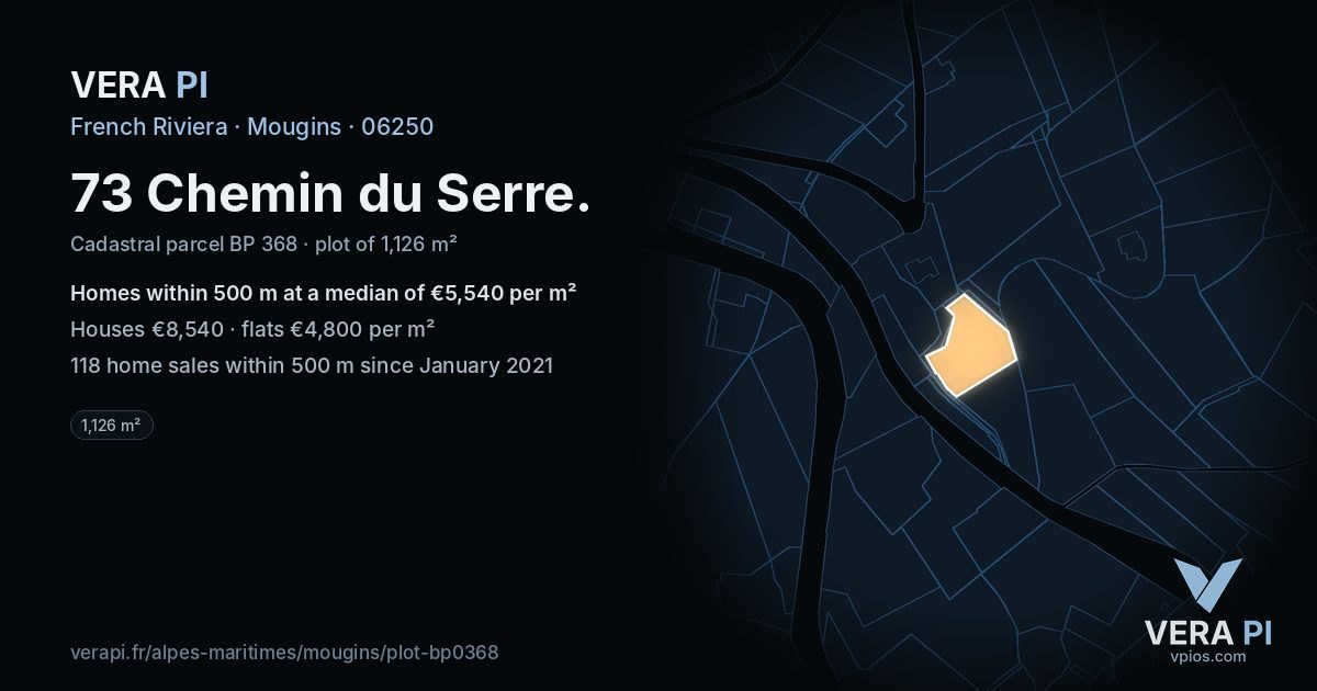 73 Chemin du Serre, Mougins at night – the plot lit, the parcels around coloured by the prices near them