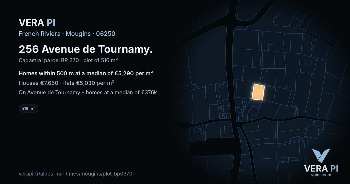 256 Avenue de Tournamy, Mougins at night – the plot lit, the parcels around coloured by the prices near them