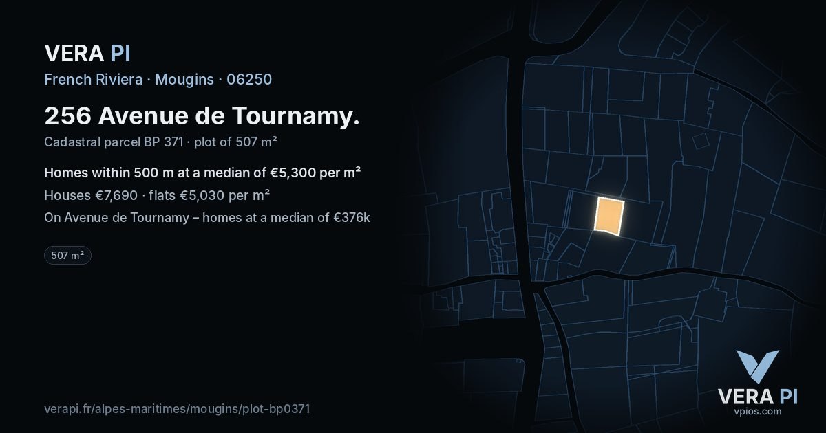 256 Avenue de Tournamy, Mougins at night – the plot lit, the parcels around coloured by the prices near them