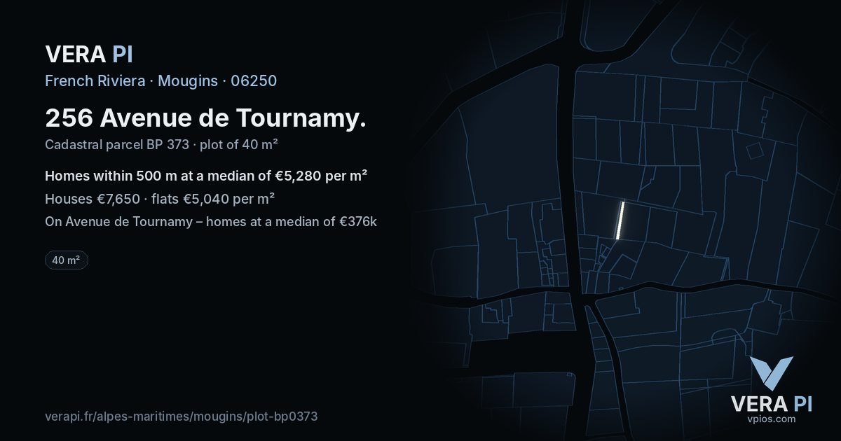 256 Avenue de Tournamy, Mougins at night – the plot lit, the parcels around coloured by the prices near them