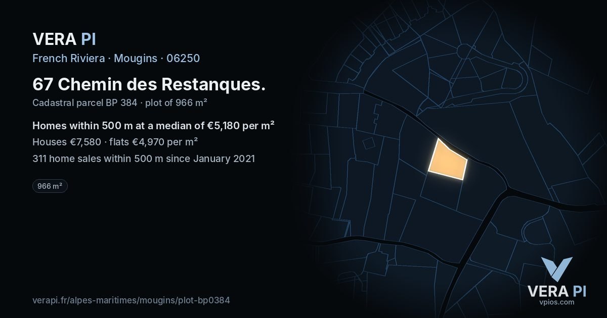 67 Chemin des Restanques, Mougins at night – the plot lit, the parcels around coloured by the prices near them