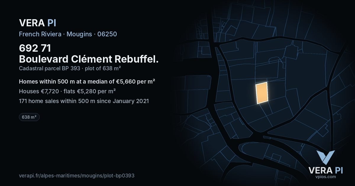692 71 Boulevard Clément Rebuffel, Mougins at night – the plot lit, the parcels around coloured by the prices near them