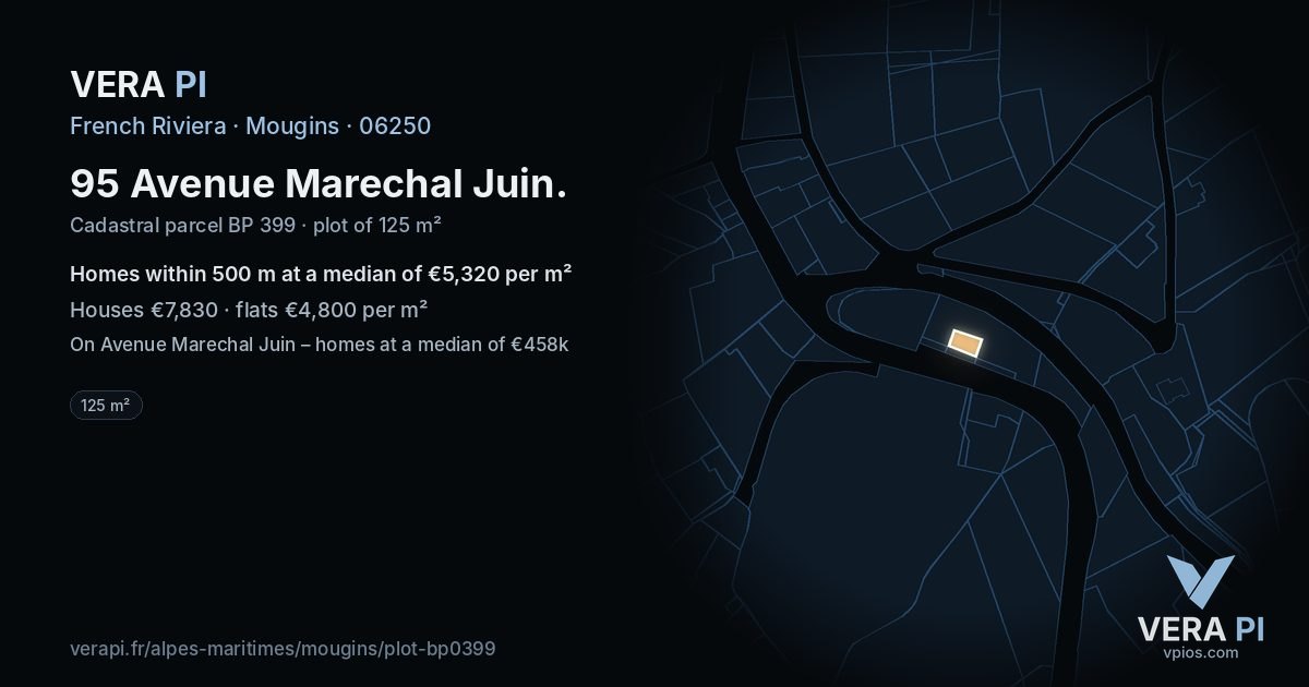 95 Avenue Marechal Juin, Mougins at night – the plot lit, the parcels around coloured by the prices near them
