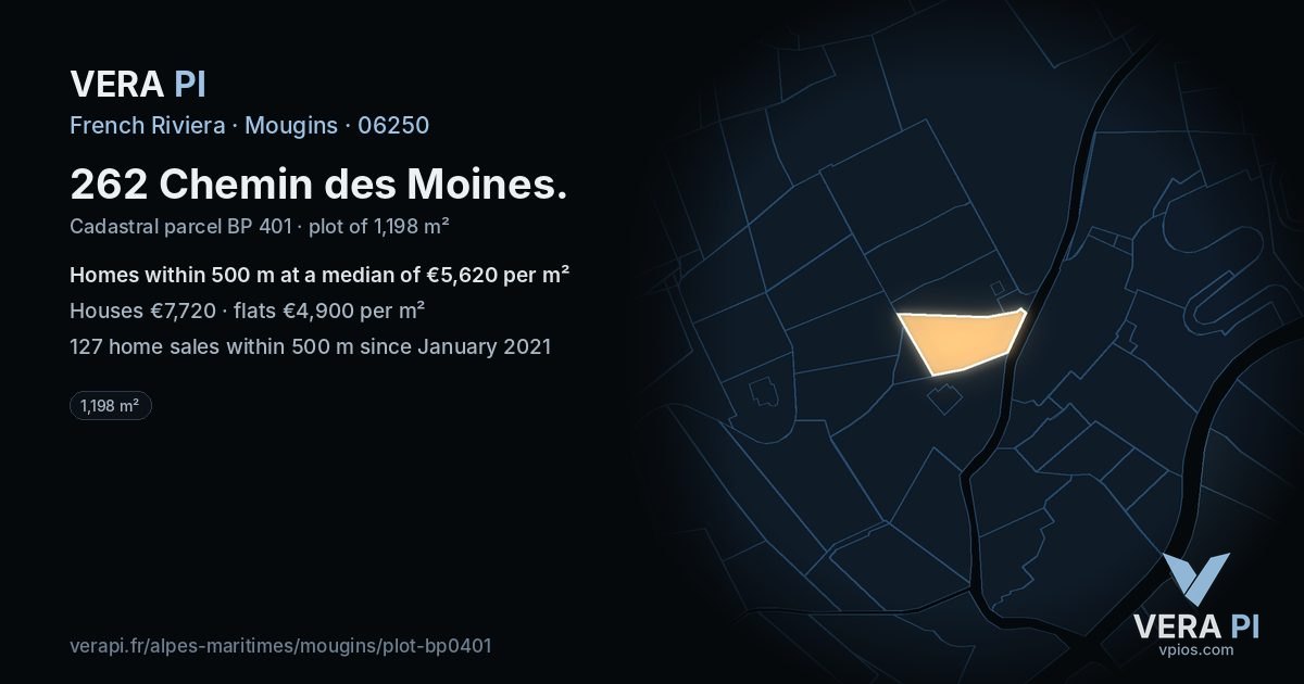 262 Chemin des Moines, Mougins at night – the plot lit, the parcels around coloured by the prices near them