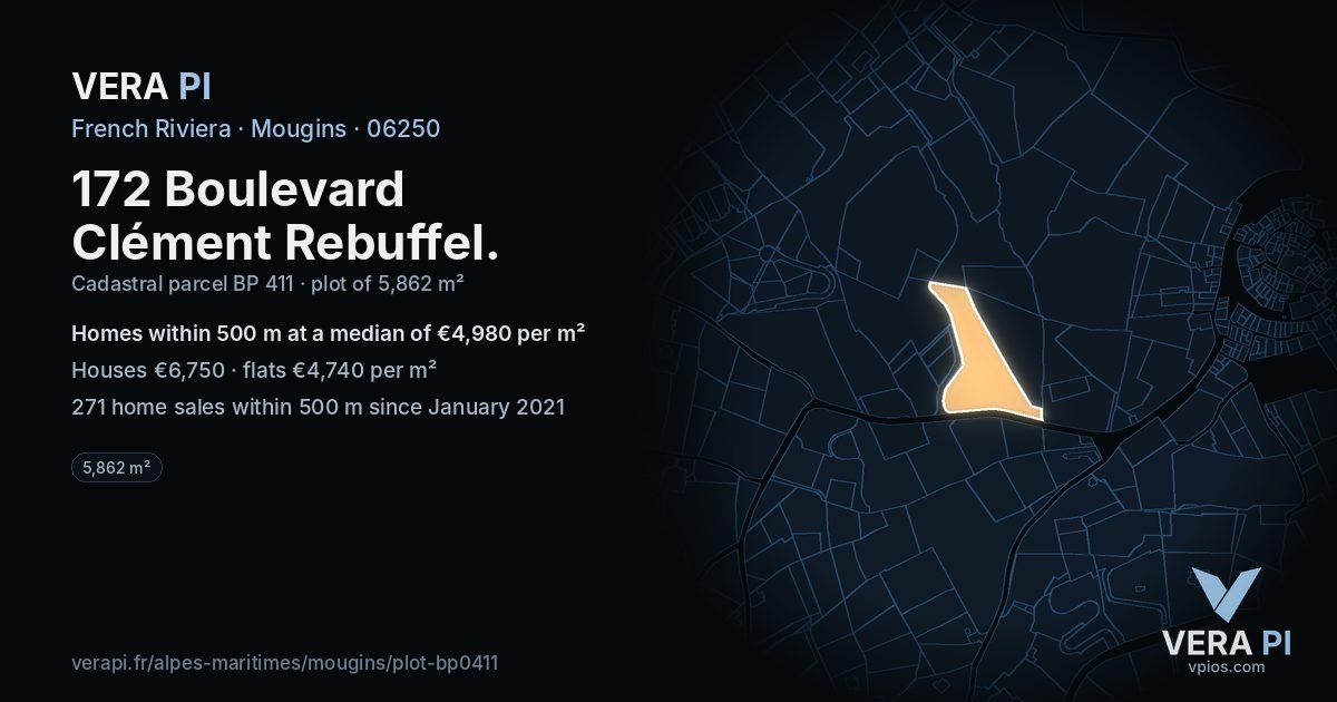 172 Boulevard Clément Rebuffel, Mougins at night – the plot lit, the parcels around coloured by the prices near them