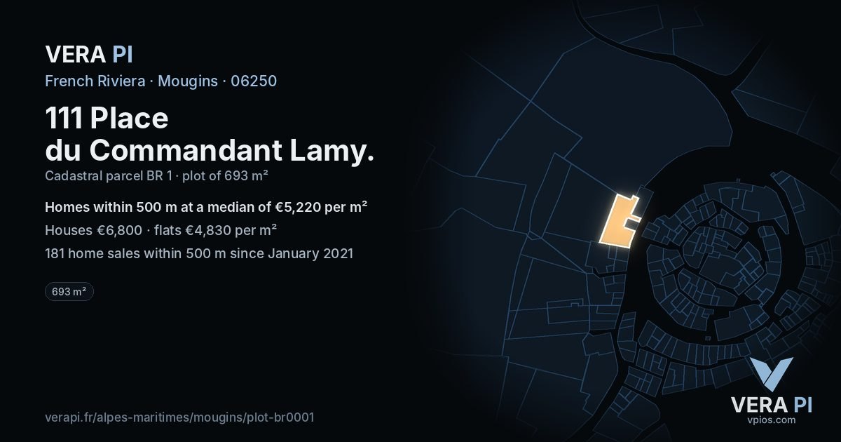 111 Place du Commandant Lamy, Mougins at night – the plot lit, the parcels around coloured by the prices near them