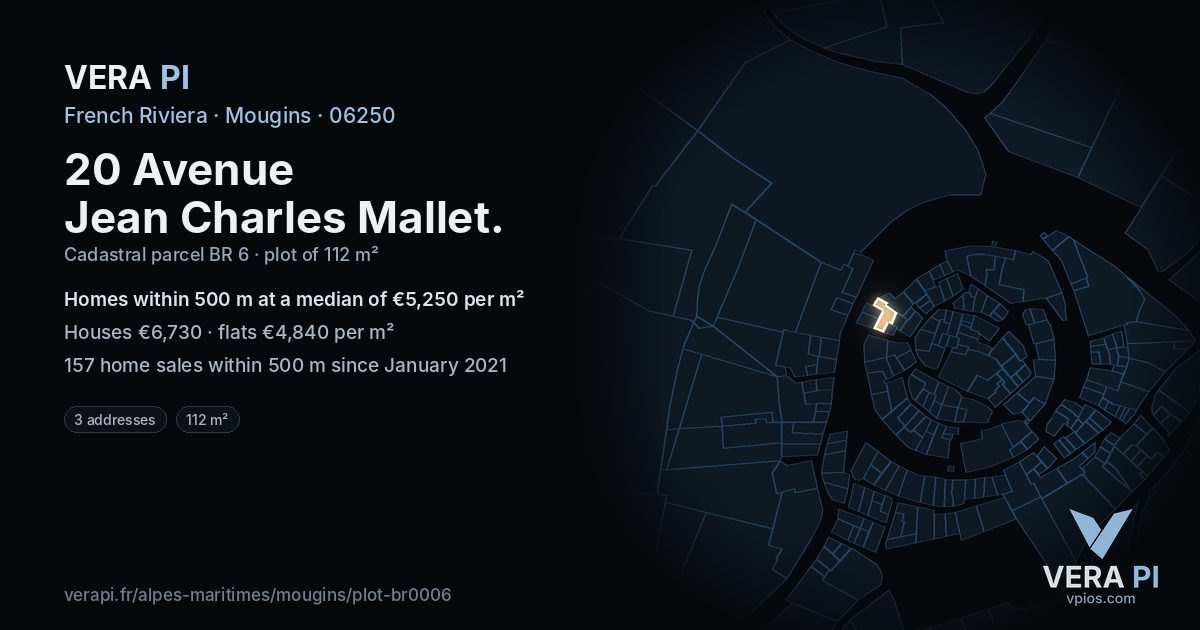 20 Avenue Jean Charles Mallet, Mougins at night – the plot lit, the parcels around coloured by the prices near them