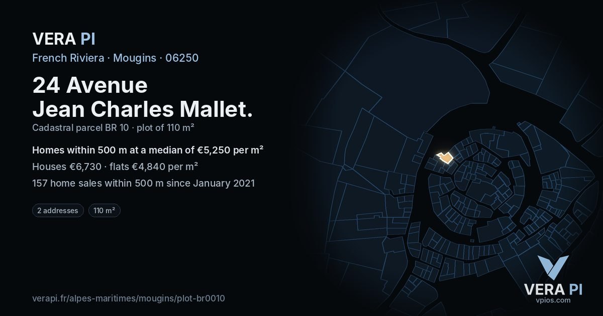 24 Avenue Jean Charles Mallet, Mougins at night – the plot lit, the parcels around coloured by the prices near them
