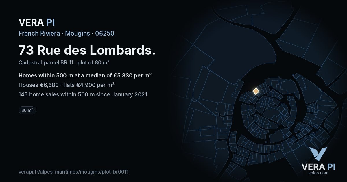 73 Rue des Lombards, Mougins at night – the plot lit, the parcels around coloured by the prices near them