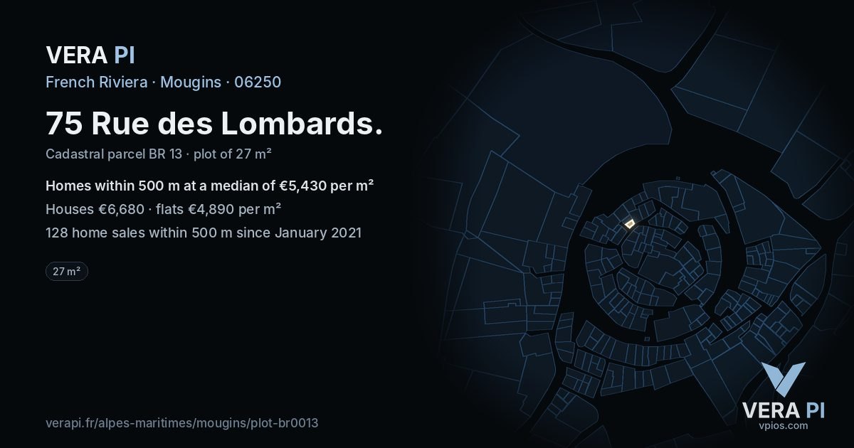 75 Rue des Lombards, Mougins at night – the plot lit, the parcels around coloured by the prices near them