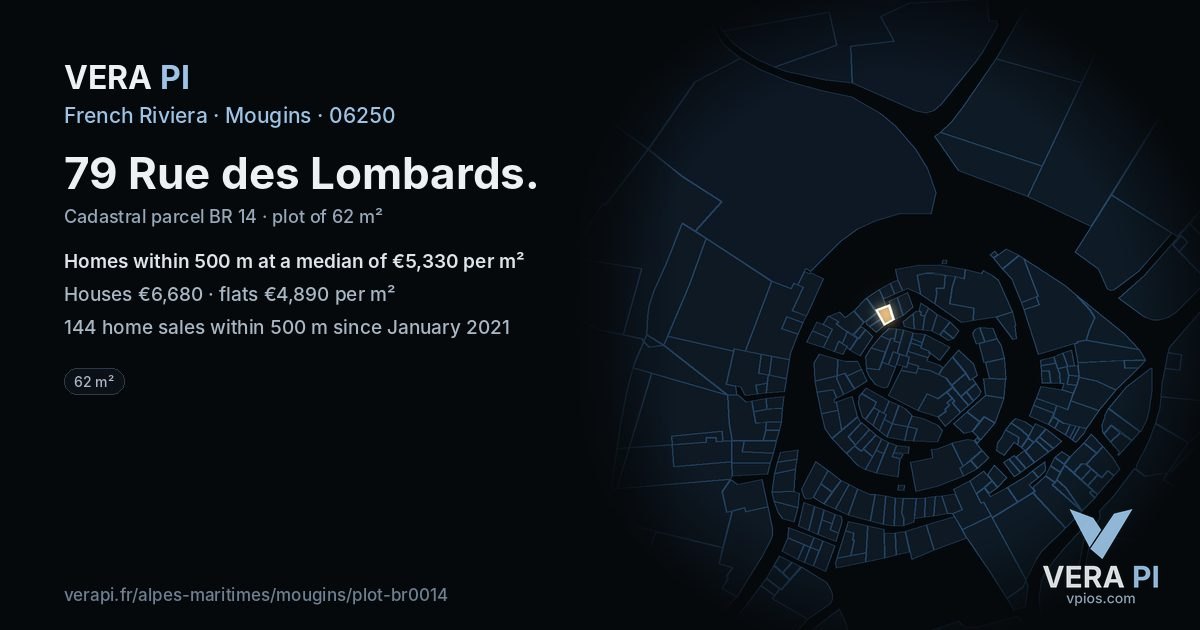 79 Rue des Lombards, Mougins at night – the plot lit, the parcels around coloured by the prices near them