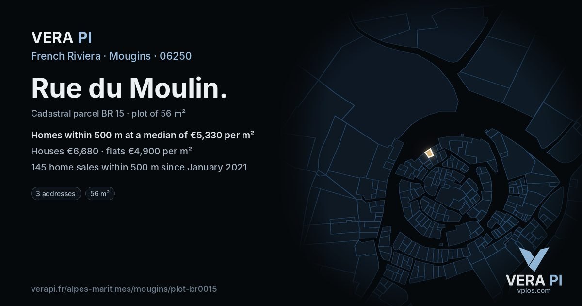 Rue du Moulin, Mougins at night – the plot lit, the parcels around coloured by the prices near them