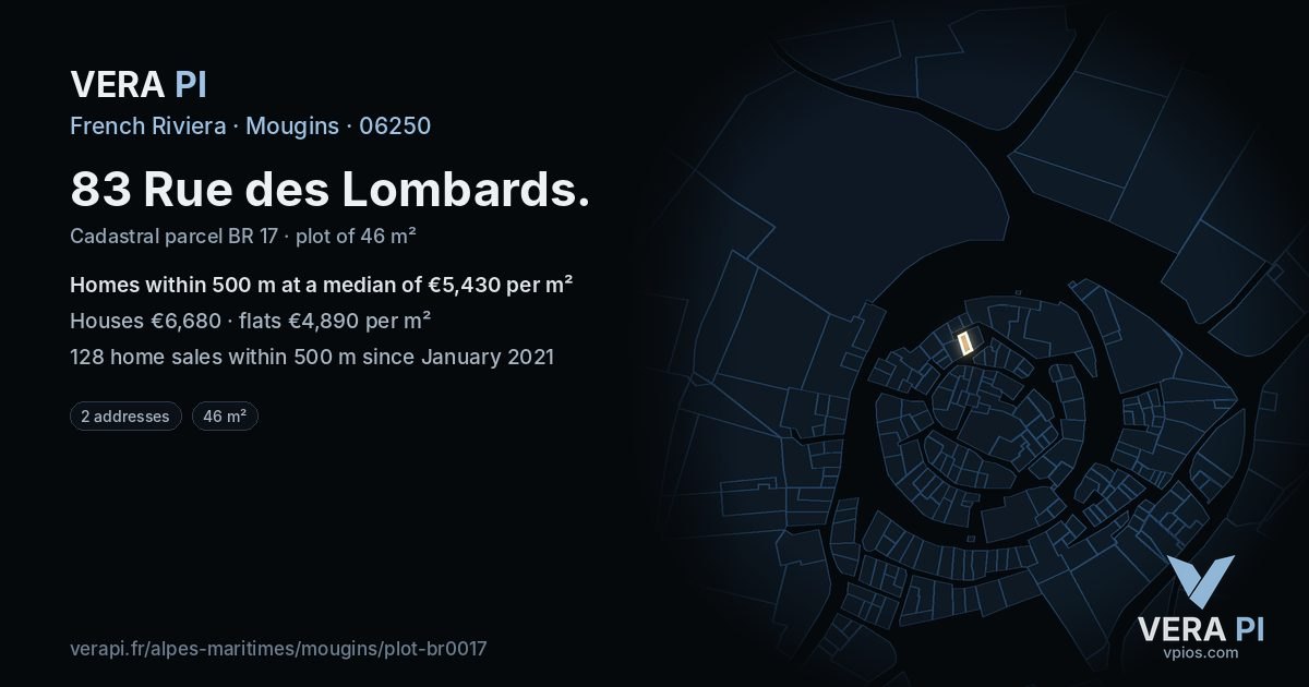 83 Rue des Lombards, Mougins at night – the plot lit, the parcels around coloured by the prices near them