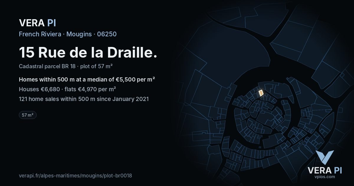 15 Rue de la Draille, Mougins at night – the plot lit, the parcels around coloured by the prices near them