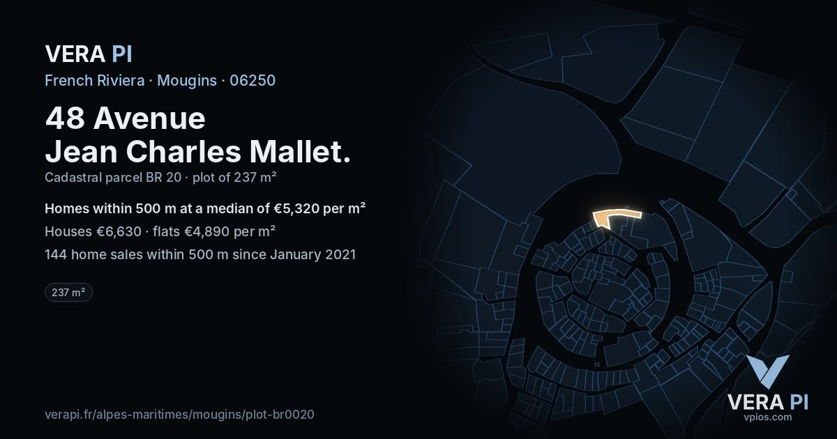 48 Avenue Jean Charles Mallet, Mougins at night – the plot lit, the parcels around coloured by the prices near them