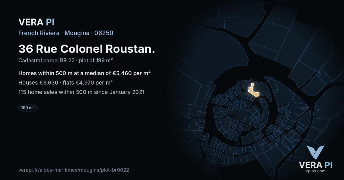 36 Rue Colonel Roustan, Mougins at night – the plot lit, the parcels around coloured by the prices near them