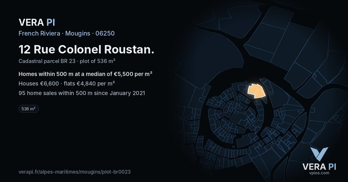 12 Rue Colonel Roustan, Mougins at night – the plot lit, the parcels around coloured by the prices near them