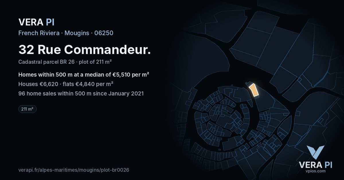 32 Rue Commandeur, Mougins at night – the plot lit, the parcels around coloured by the prices near them