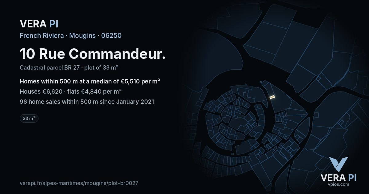 10 Rue Commandeur, Mougins at night – the plot lit, the parcels around coloured by the prices near them