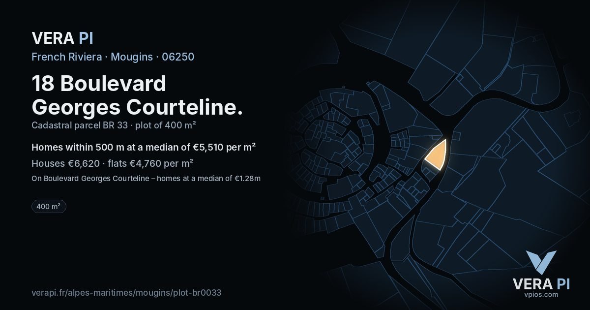 18 Boulevard Georges Courteline, Mougins at night – the plot lit, the parcels around coloured by the prices near them