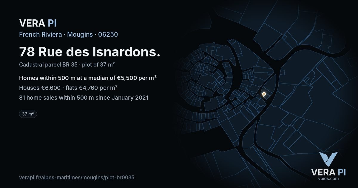 78 Rue des Isnardons, Mougins at night – the plot lit, the parcels around coloured by the prices near them