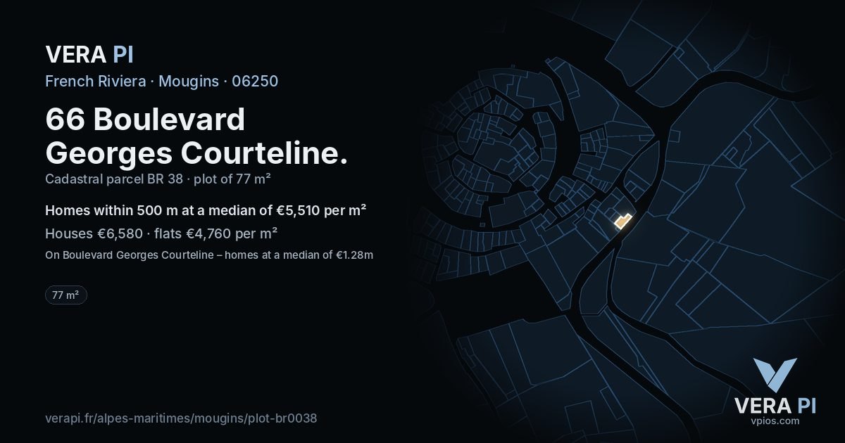 66 Boulevard Georges Courteline, Mougins at night – the plot lit, the parcels around coloured by the prices near them