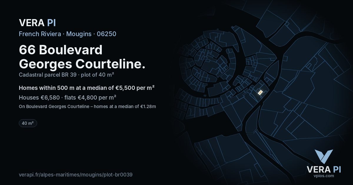 66 Boulevard Georges Courteline, Mougins at night – the plot lit, the parcels around coloured by the prices near them