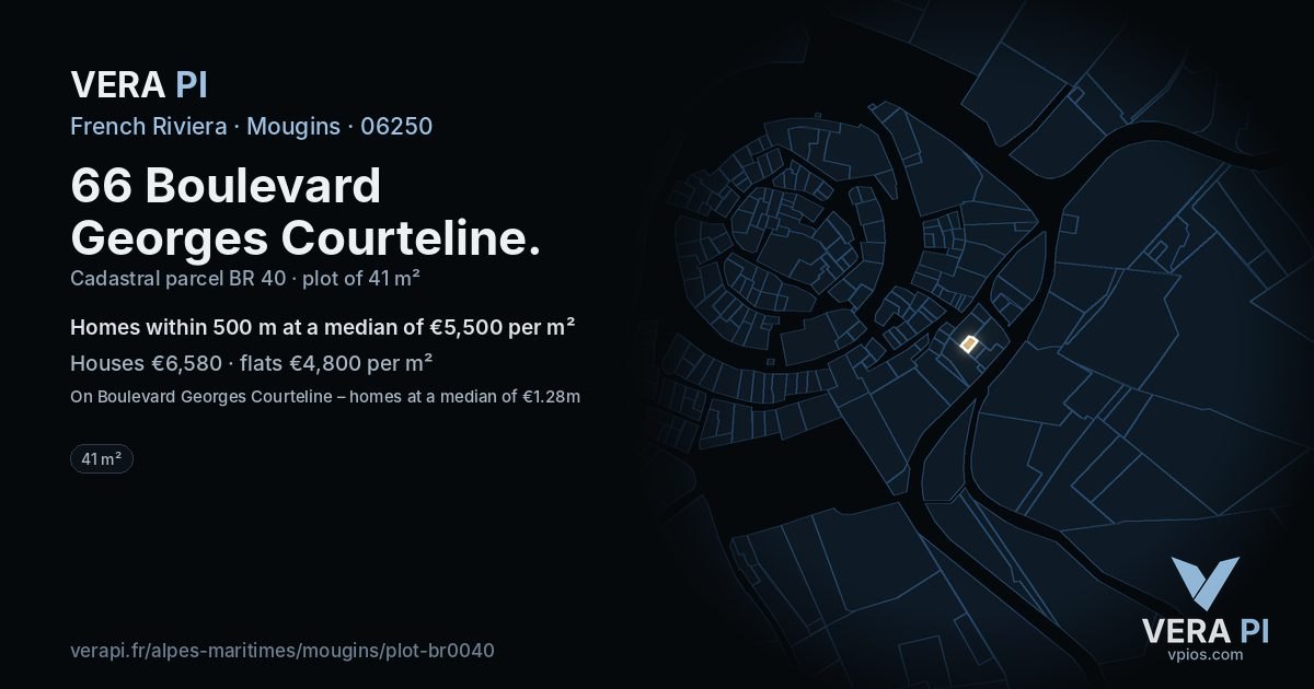 66 Boulevard Georges Courteline, Mougins at night – the plot lit, the parcels around coloured by the prices near them