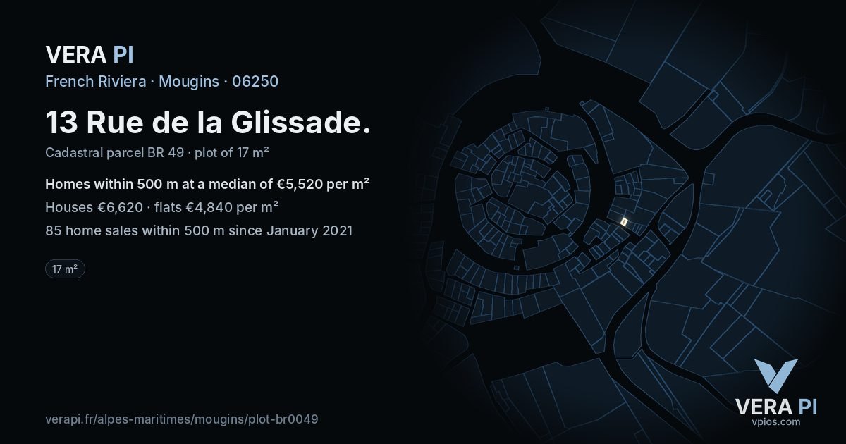 13 Rue de la Glissade, Mougins at night – the plot lit, the parcels around coloured by the prices near them