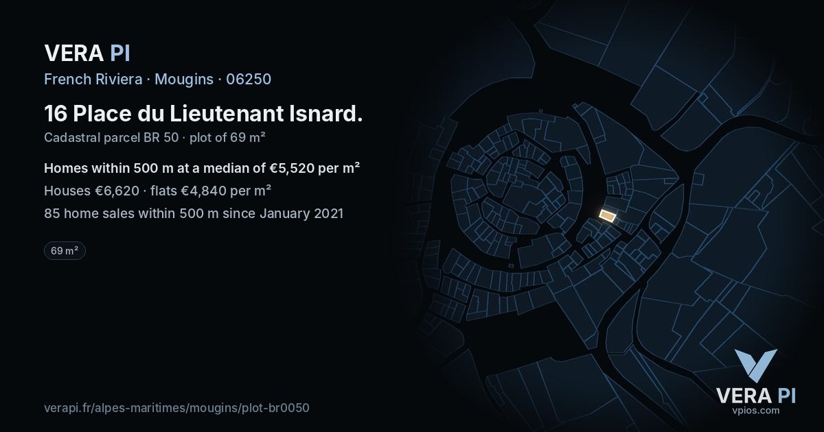 16 Place du Lieutenant Isnard, Mougins at night – the plot lit, the parcels around coloured by the prices near them