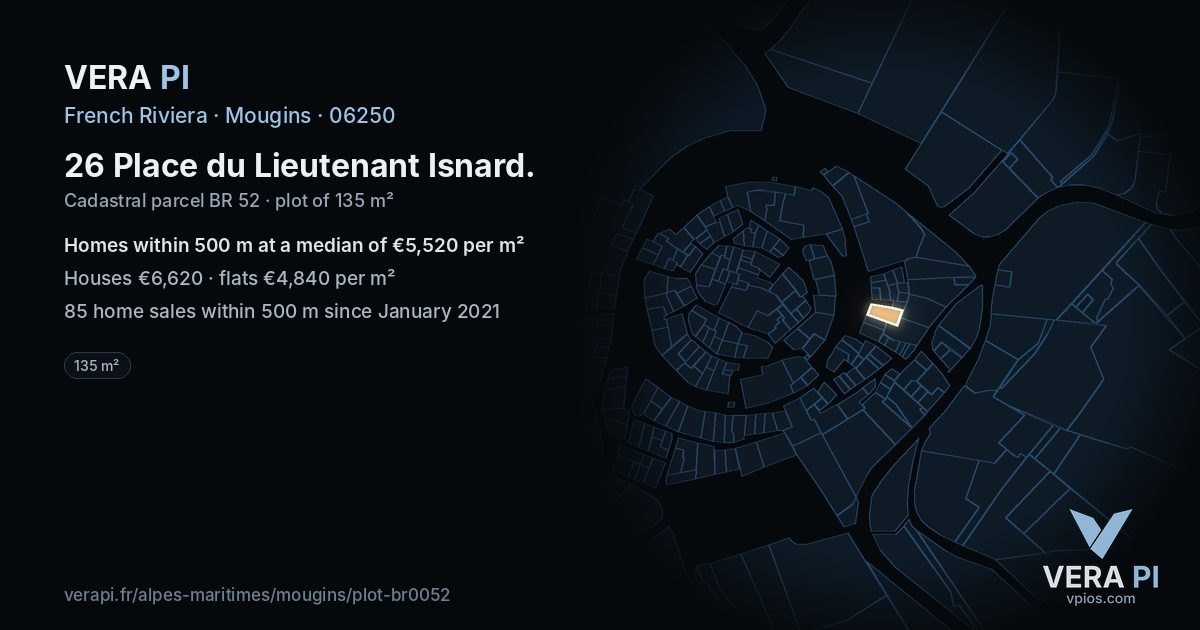 26 Place du Lieutenant Isnard, Mougins at night – the plot lit, the parcels around coloured by the prices near them