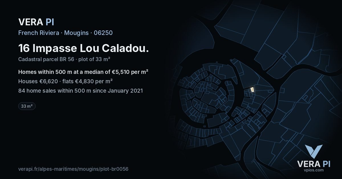 16 Impasse Lou Caladou, Mougins at night – the plot lit, the parcels around coloured by the prices near them