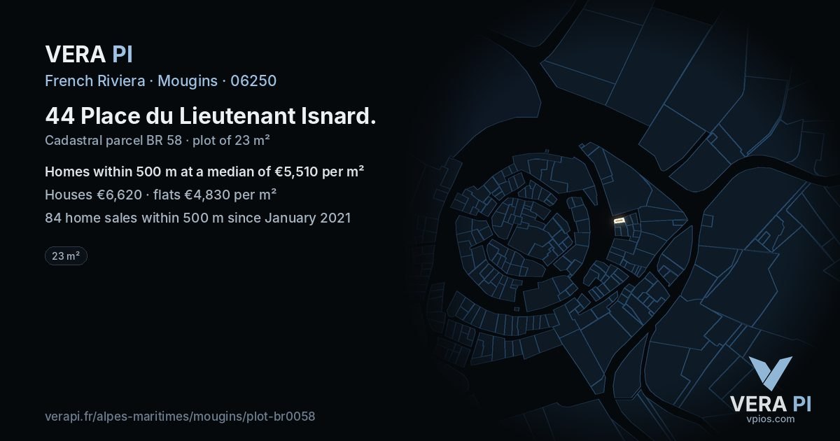 44 Place du Lieutenant Isnard, Mougins at night – the plot lit, the parcels around coloured by the prices near them